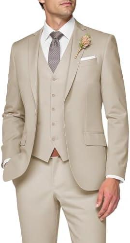 SPTALLFITJSV 3 Piece Suit Men Slim Fit Wedding Suits for Mens Elegant One Button Jacket Single Breasted Vest Pants Set, L, Beige
