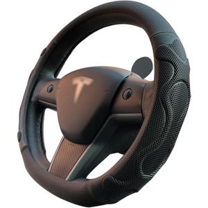 PINCTROT Comfy Grip Steering Wheel Cover for Tesla Model Y/3 2016-2025 2026 Standard/Highland/Juniper, D Shaped 14 Inch Small Sized, Flat Bottom with 3D Honeycomb Anti-Slip Design (Comfy Grip Black)