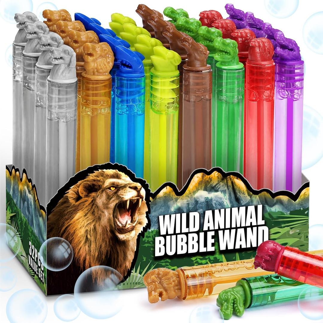 32 Pack Wild Animal Party Favors for Kids, Mini Bubble Wands Bulk Toys, Jungle Birthday Decoration, Safari Goodie Bag, Pinata Stuffer Supplies, Zoo Prizes Box Filler, Lion/Dog Return Gifts for Toddler