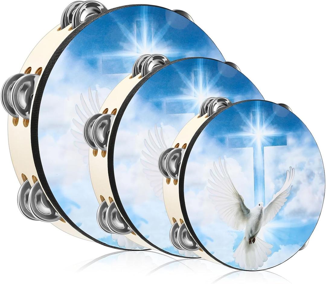 3 Pcs Dove Tambourines for Adults Church Christian Dance Tambourine Double Row Jingle Bible Hand Bell Clap Drum for Church Pray Party Percussion Musical Instrument (Mixed Size, Blue)
