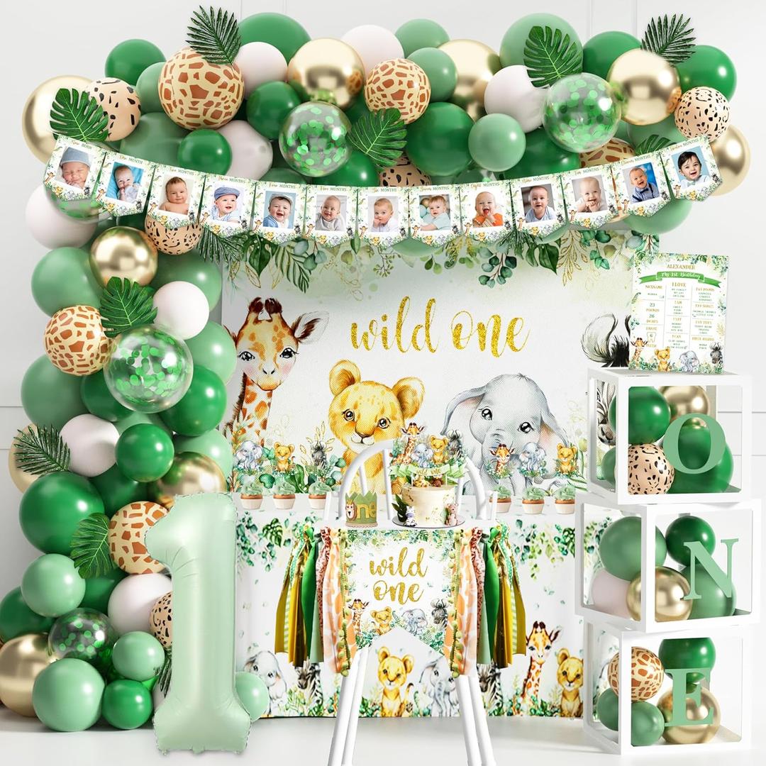 Wild One Birthday Decoration Safari Jungle Theme First Birthday Decoration for Boy Girl One Year Old Birthday Party Supplies Wild One Backdrop Safari Tablecloth Sage Green Balloon Arch Balloon Blocks