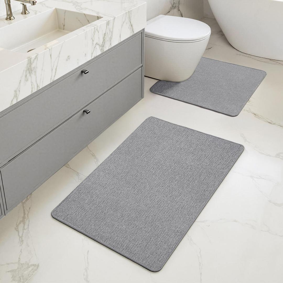 MIULEE Set of 2 Ultra Thin Bathroom Rugs, Rubber Bath Mat, U-Shaped Toilet Rug for Bathroom, Non Slip Quick Dry Absorbent Machine Washable, Fit Under Door, Shower, Sink, Grey, 17"x27"+20"x24"