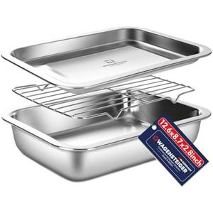 Stainless Steel Casserole Pan or Food Prep Container with Rack & Lid (Tray), 3.5Quarts, Buffet Party Pans, Roasting Pan with Rack, Bakeware, Roaster, Oven-safe, Freezer-friendly (1306 / No6)