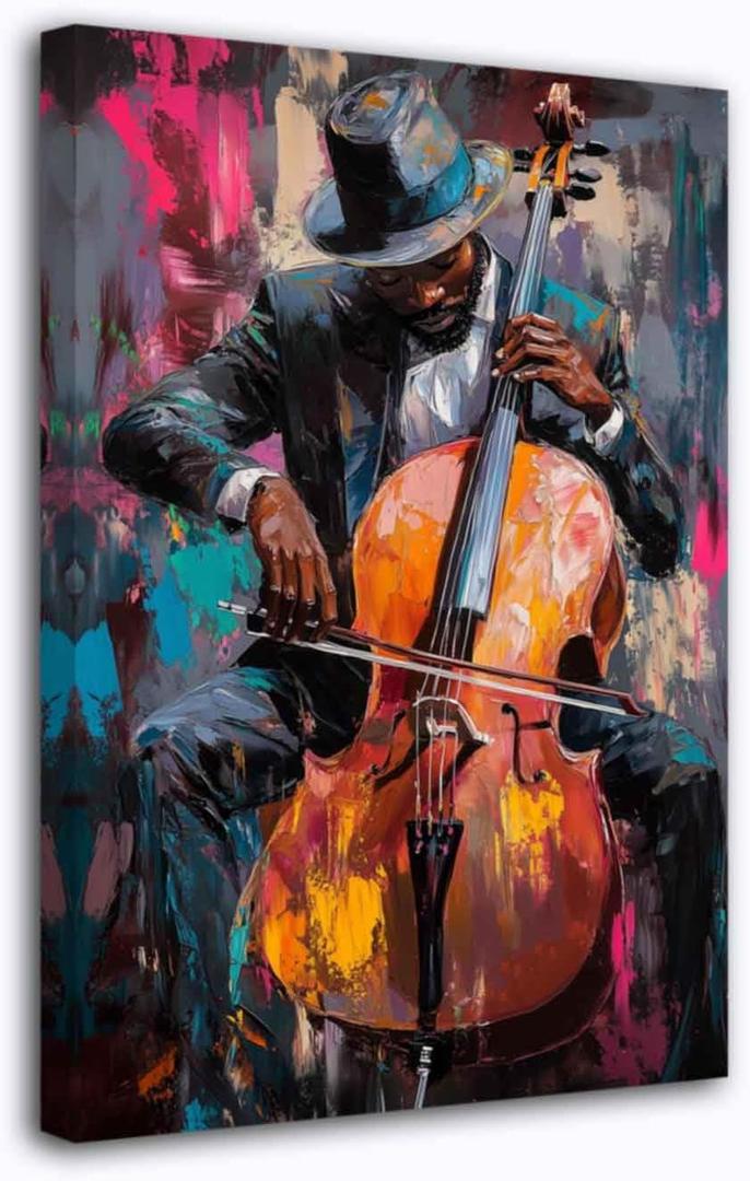 CXHOSTENT Black Jazz Canvas Wall Art Abstract Black Music Painting Prints African American Picture Musical Instruments Artwork for Men Room Decor Framed (Black, 16.00" x 24.00")