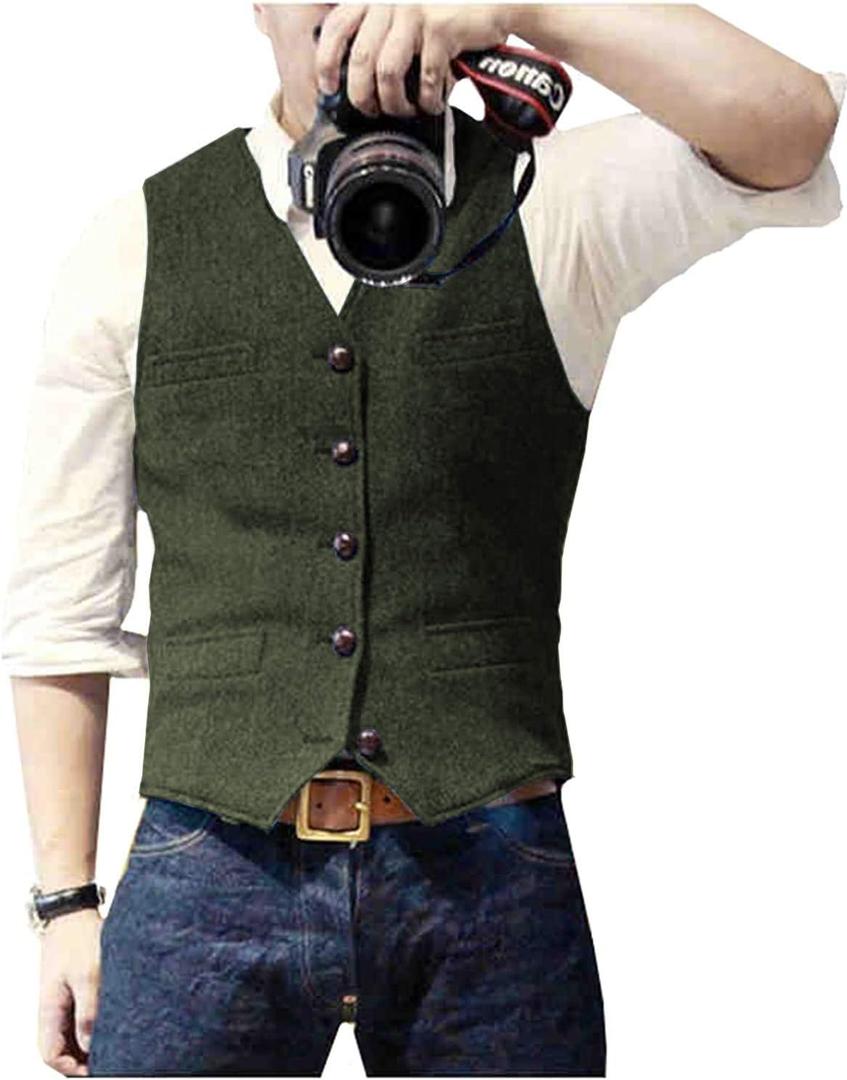 Ceehuteey Mens Suit Vest Waistcoat Tweed Retro V Neck Wool Herringbone for Prom (3X-Large, Army Green)