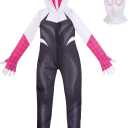 MARVEL Spider-Gwen Official Youth Zentai Halloween Costume - Hooded Spandex Jumpsuit with Printed Design and Pull On Mask (Black, S)