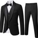 MY'S Mens 3 Piece Tuxedo Set with Bow Tie, Shawl Lapel One Button Jacket Vest & Pants, Slim Fit Suit Prom Party Wedding Tux (Black), Small