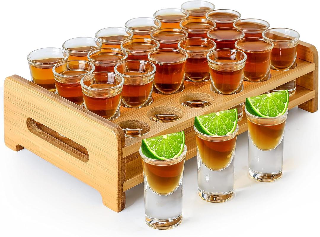 Shot Glass Set 24pcs 0.5 oz - 0.66 oz / 15ml- 20 ml Shot Glass Tray Holder Clear Glass for Party, Club, Bar, Spirit Tasting - MJ-24-15 (15ml 24pcs)