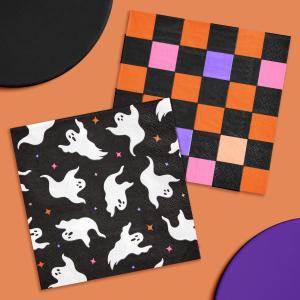 xo, Fetti Halloween Paper Napkins | 50 Pcs - 2 Designs | Ghost Tableware, Checkered Dinnerware, Spooky Decor, Kids Party Supplies
