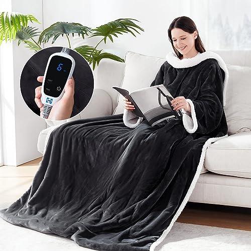 Sealy Electric Blanket Wearable with Foot Pocket, Electric Snuggle Blanket with Sleeves, Flannel & Sherpa Heating Throw with 6 Heat Settings & 2-10 Hours Auto Shut Off, 50 * 70"+18", Dark Grey