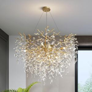 40" Gold Tree Branch Chandelier, 12-Light Modern Crystal Chandelier for Dining Room, Luxury Round K9 Crystal Raindrop Chandeliers Light Fixture for Foyer, Entryway, Living Room, Bedroom, Kitchen