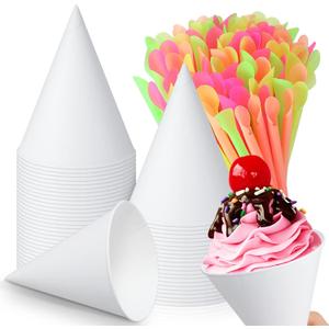 Eaasty 100 Pcs Snow Cone Cups and Straws - 4.5 oz Disposable Cone Paper Cups with Spoon Straws for Slush, Shaved Ice, Cream, Sorbet, Water (White)