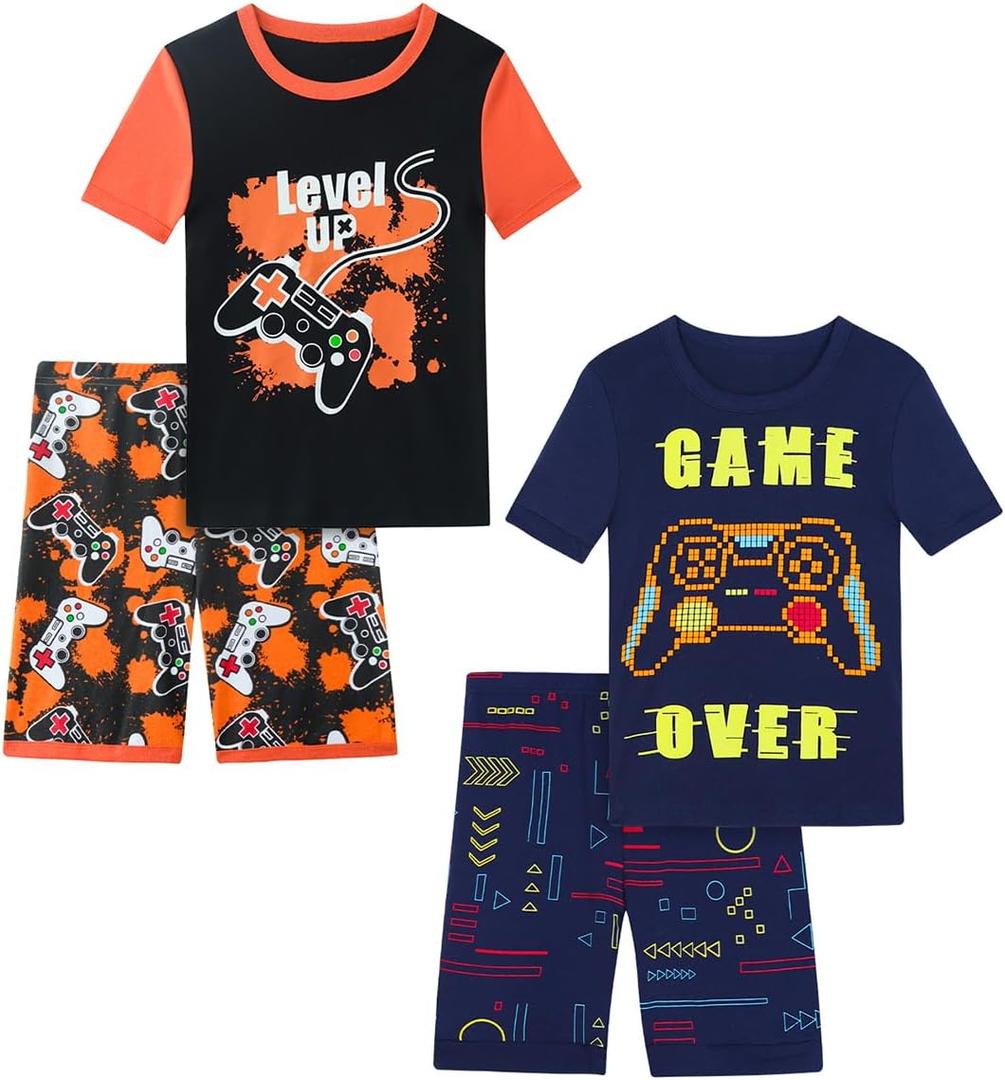 Boys Pajama Set, 4-Piece Cotton Pajamas Short Summer PJs Kids Sleepwear (Blue)