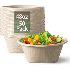 Homestockplus 48 Oz Disposable Bowls - Heavy Duty and Compostable Bowl - Made from Sugarcane and Bamboo Fibers, Microwave Safe - Large Paper Bowl for Soup, Salad, Ramen, Popcorn, etc. [50 Pack]