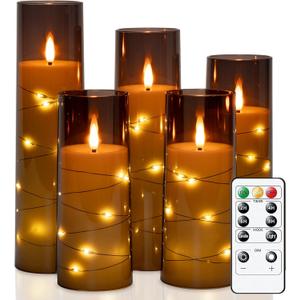 Raycare Flameless Candle with Remote Timer  5 Flickering Acrylic Battery Operated LED Pillar Candles with Embedded Star String for Christmas, Home Decor, and as a Gift(Grey)