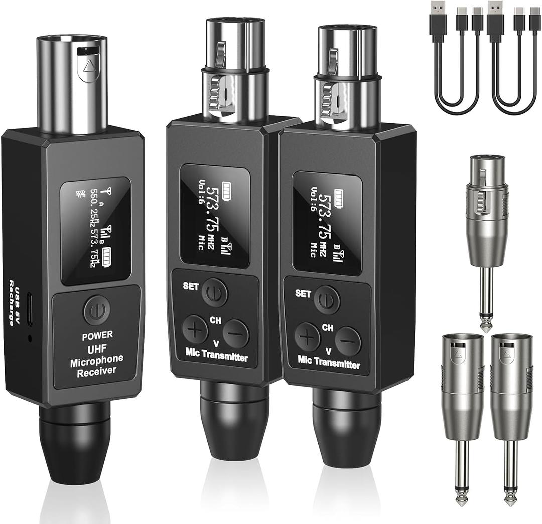 Wireless XLR Transmitter and Receiver Rechargeable Mic Adapter UHF 98ft Range,Dual Receiver Support 20 Channels XLR to 1/4'' Adapter, for Condenser Mics, Audio Mixer,Electric Guitar Bass (Wireless Dual Transmitter and Wireless Receiver)
