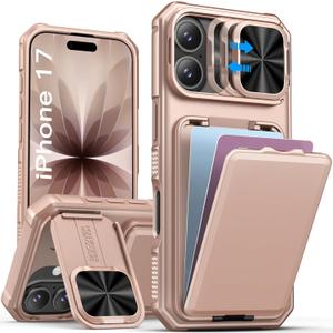 SSLOTSCASE for iPhone 17 Case with Wallet & Sliding Lens Cover & Kickstand & Credit Card Holder & Camera Stand, Heavy Duty Shockproof Military-Grade Protection Case Cover for iPhone 17 2025, Rose Gold