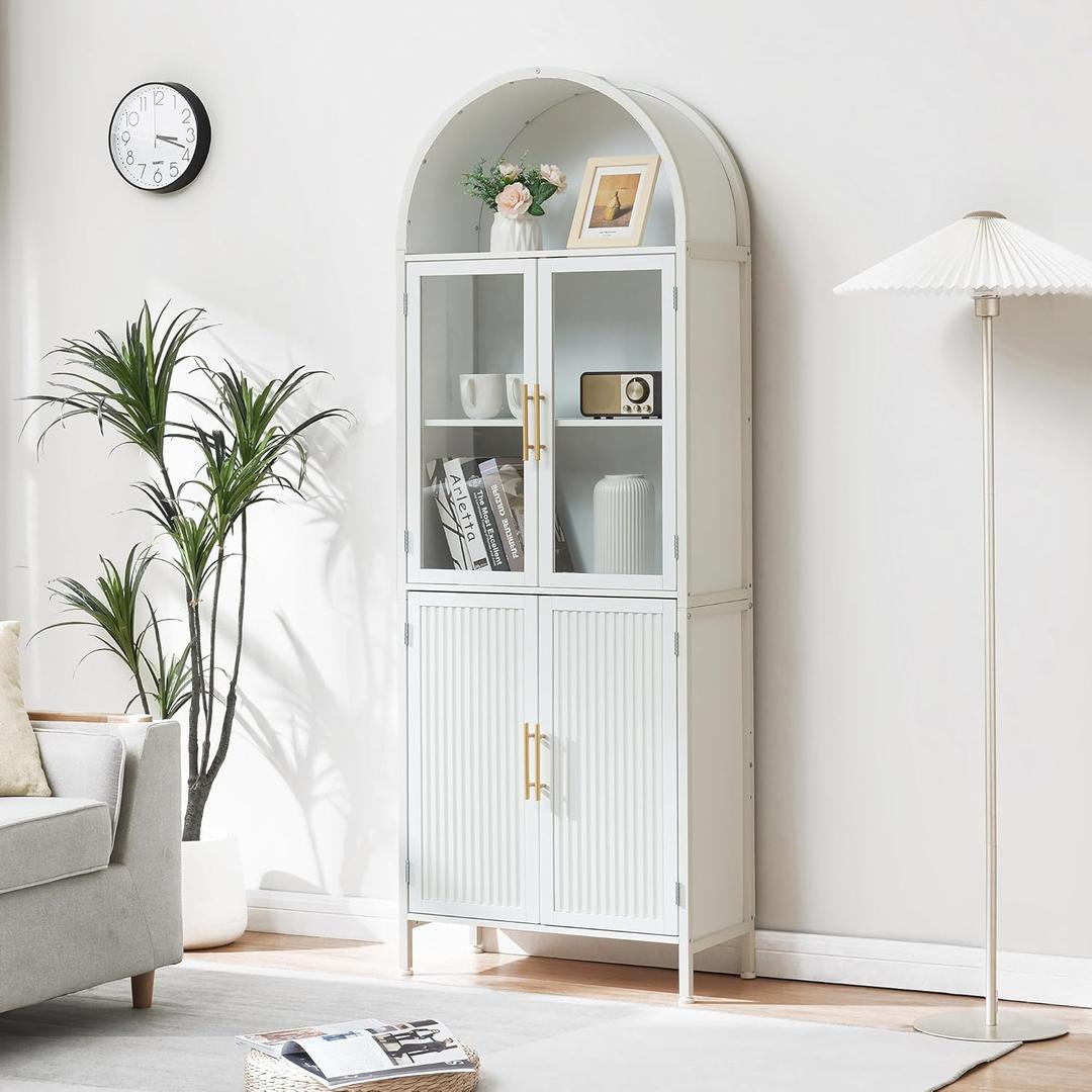 Arched Storage Cabinet with Glass Doors & Shelves, 5-Tier Farmhouse Bookcase Bookshelf Tall Floor Curved Hutch Storage Cabinet for Living/Dining/Office - White