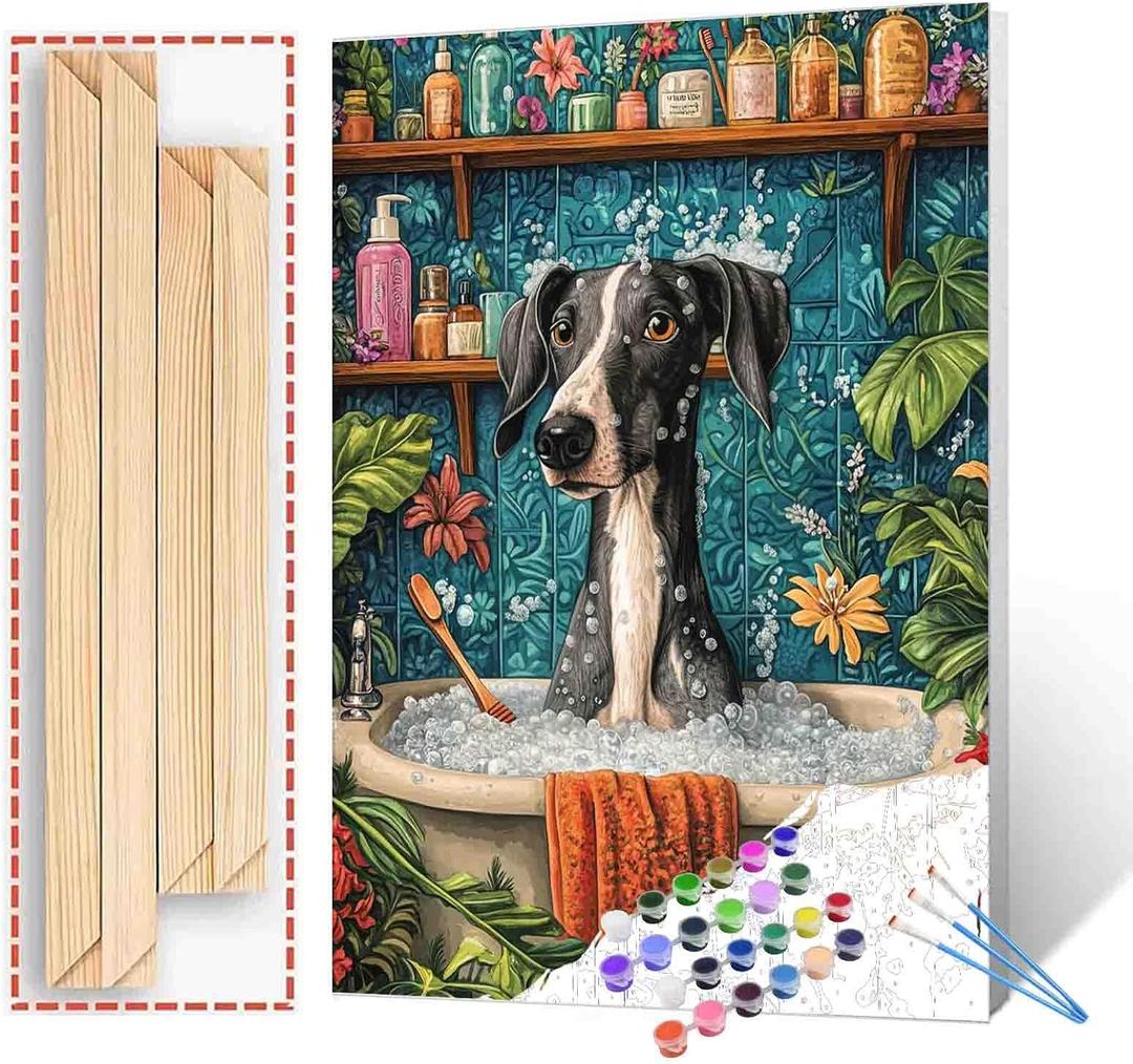 Animal Bathing Paint by Numbers Kit for Adults & Kids Ages 8-12,Dog in Bathtub Paint by Number on Canvas Easy to Paint for Beginner Botanical Acrylic Paintwork Home Wall Decor 16"x20" (DIY Frame)