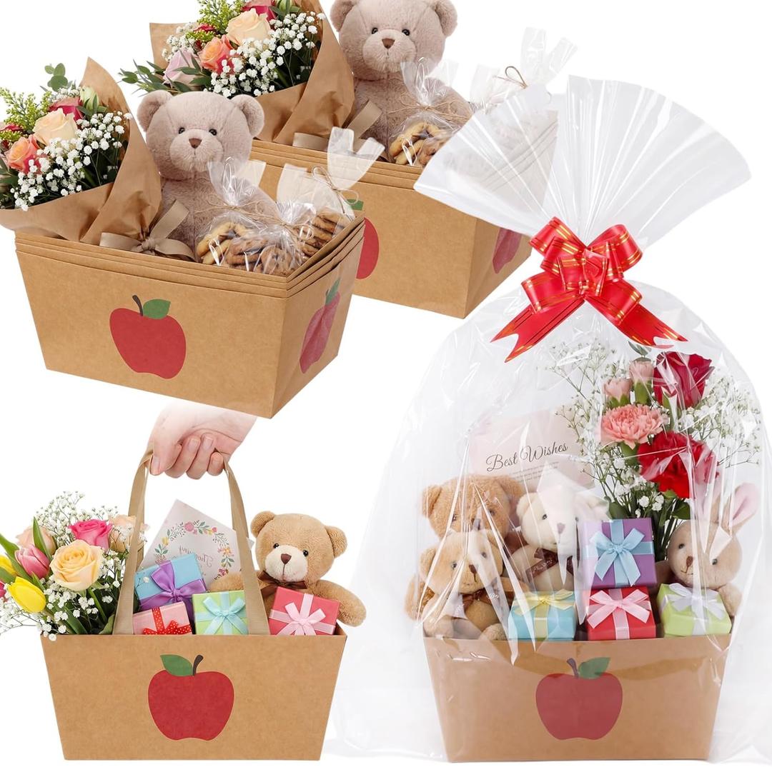 Qinyoung 12 Pcs Teacher Appreciation Kraft Baskets for Gifts Empty Apple Gift Basket with Handles, Pull Bows, Cellophane Bags and Twist Ties for Teachers Week & School Events, 9.8 x 6.5''
