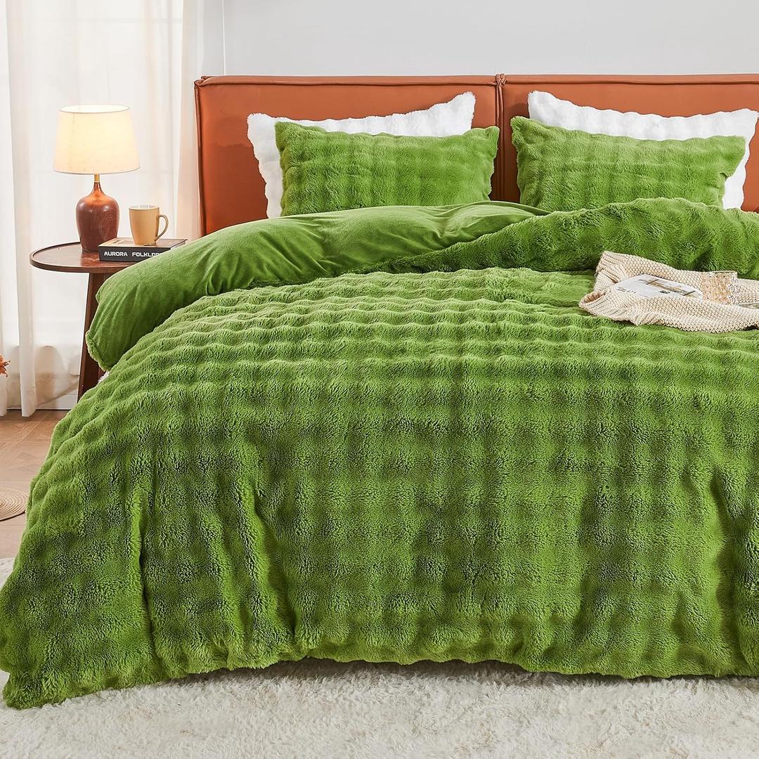EMME Faux Fur Duvet Cover Queen Size, 3 Pieces Ultra Soft Fluffy Comforter Cover, Cozy Warm for Winter, Luxury Elegant Shaggy Bubble Design Bedding, 1 Duvet Cover & 2 Pillow Shams (Queen, Green)