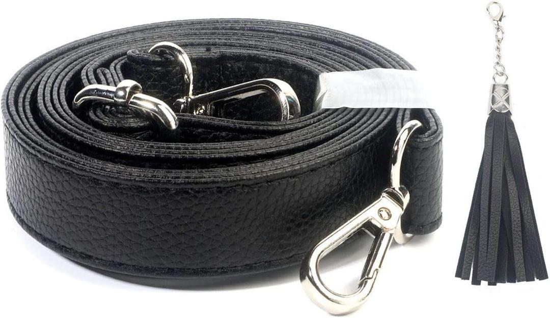 BEAULEGAN Purse Strap Replacement - Full Grain Microfiber Leather - 59 Inch Long Adjustable for Crossbody Shoulder Bag - 1 Inch Wide, Black/Silver