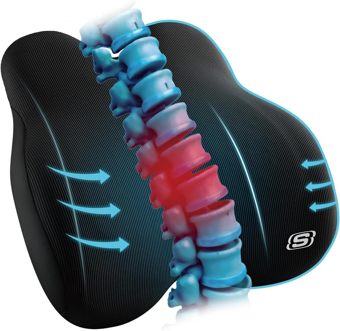 Skechers Memory Foam Lumbar Pillow, Lumbar Support Pillow for Office, Chair Lower Back Pain Relief Lumbar Pillow, Ergonomic Design Back Support Pillow for Office Chair, Car, Home, Travel, Black
