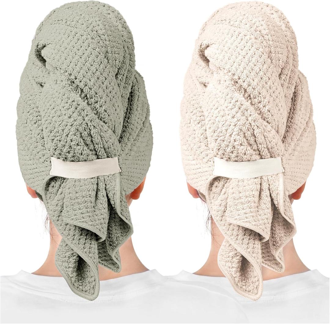 ROLSHOL 2 Packs Large Microfiber Hair Towels for Women, Super Absorbent & Quick Dry Hair Towel Wrap for Curly Hair Long & Short Hair- Anti-Frizz Hair Turbans for Wet Hair (Green & Clay)