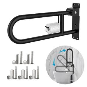 Toilet Grab Bar 22.4 Inch Black, Munzong Anti-Slip Handicap Grab Bars with Paper Holder, Flip-Up Bathroom Safety Rails, Stainless Steel Knurled Support handrails for Seniors Elderly Disabled Pregnant, 