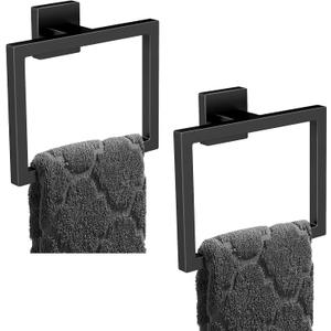 2 Pack Matte Black Hand Towel Holder, Stainless Steel Wall Mounted Hand Towel Holder for Bathroom, Modern Square Towel Ring for Bath, Kitchen, RV
