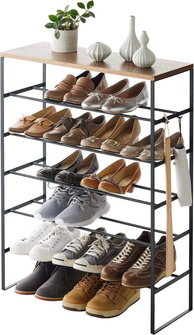 YAMAZAKI Home Six-Tier Shoe Organizer Tall Slim Shoe Rack for Entryway Or Closet, Narrow Metal Shoe Storage with Wooden Top, Steel, Black, Easy Assembly, 34" - Steel - Holds 18 to 21 Shoes