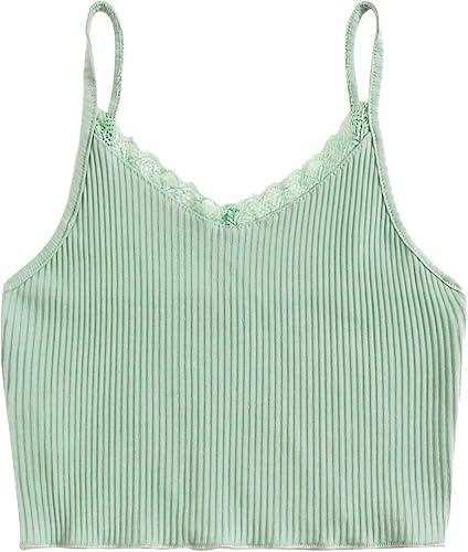 Verdusa Women's Contrast Lace Spaghetti Strap Ribbed Knit Cami Crop Tops, medium