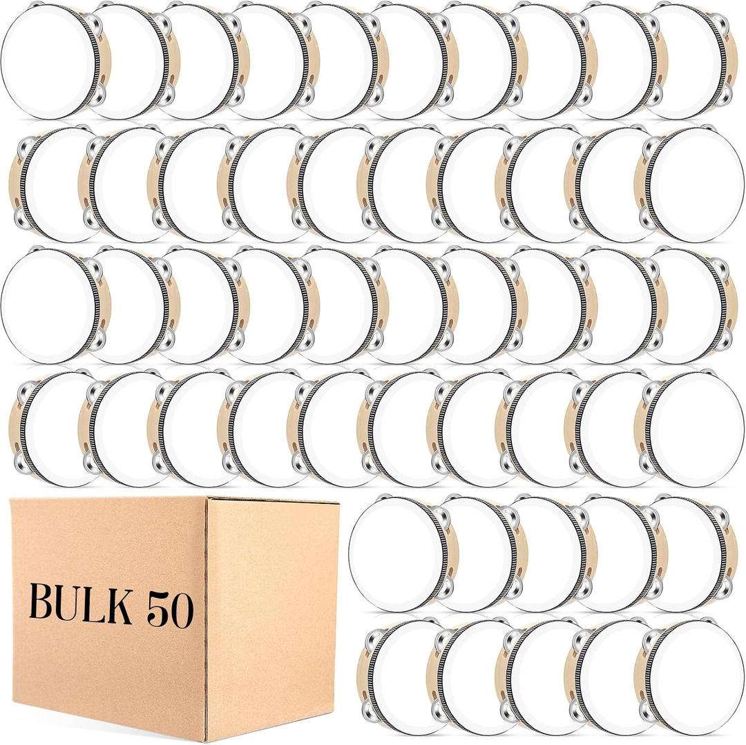 50 Pcs Tambourine Bulk Drum for Adults Operation Christmas Bulk Items Hand Held Percussion Gift Wood Metal Jingles Musical Educational Drum Instrument for Church Wedding Charity Party(6 Inch)