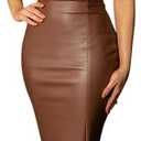 XLLAIS Women Sexy Strapless Tube Top Club Midi Dress Off Shoulder Bodycon Party Faux Leather Dress (Small, Brown)