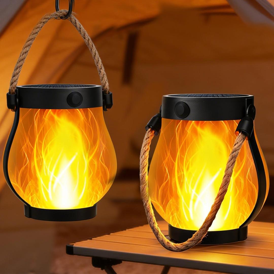 Solar Lanterns Outdoor Waterproof 2 Pack Hanging Solar Lantern with Flickering Flame, Solar Flame Lantern with USB Charging, Decorative Lanterns Lights for Yard Porch Camping Patio