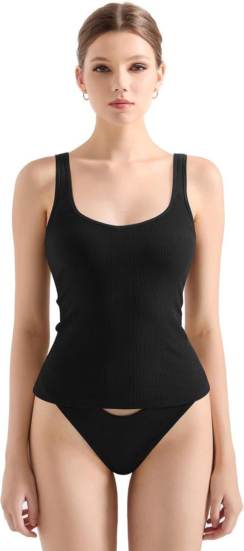 SUUKSESS Women Cotton Ribbed Built in Bra Tank Tops Summer Casual Basic Top (M, Black)