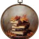 XBBMGG Vintage Fall Maple Leaf Book Wall Art Decor, Rustic Autumn Book Reading Round Wall Hanging Decor, Thanksgiving Bookish Framed Canvas Prints for Reading Room Library Home Decorations (10L" x 10W")