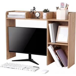 Briwooody Dorm Desk Bookshelf Desk Hutch Organizer with 5 Shelves and 3 Tier Desktop Hutch Storage Organizer for College Dorm Home Office Supply, 32.5 x 23.5 x 8 Inch(Natural)