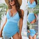 Blooming Jelly Women One Piece Swim Dress Tummy Control Swimsuits Slimming Mesh Sheer Sarong Wraps Bathing Suit (Blue, XL)