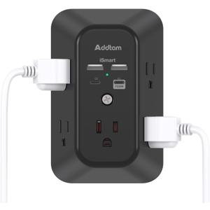 Outlet Extender Surge Protector - Addtam 5-Outlet Splitter with 4 USB Wall Charger(PD 30W), Multi Plug Wall Outlet Power Strip for Home, Black