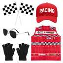 5Pcs Race Car Driver Costume Accessories Set, Car Cap Sunglasses Mini Black White Flag, Dress Up Cosplay for Halloween