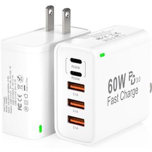 2Pack USB C Fast Charger Block, Total 60W 5-Port USB C Wall Charger 30W Type C Charging Block, 2USB C+3USB A PD 3.0 Multiport Charging Cube for iPhone 17 16 15 14 Pro Max, G-alaxy S26 S25 Ultra, i Pad