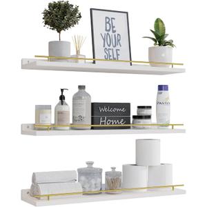 WOPITUES Floating Shelves 24 inch with Gold Metal Guardrail, Shelves for Wall Decor Set of 3, Wall Shelves for Bedroom, Bathroom, Kitchen, Living Room, Plants, Picture Frames, Art- White and Gold, 23.6 inch