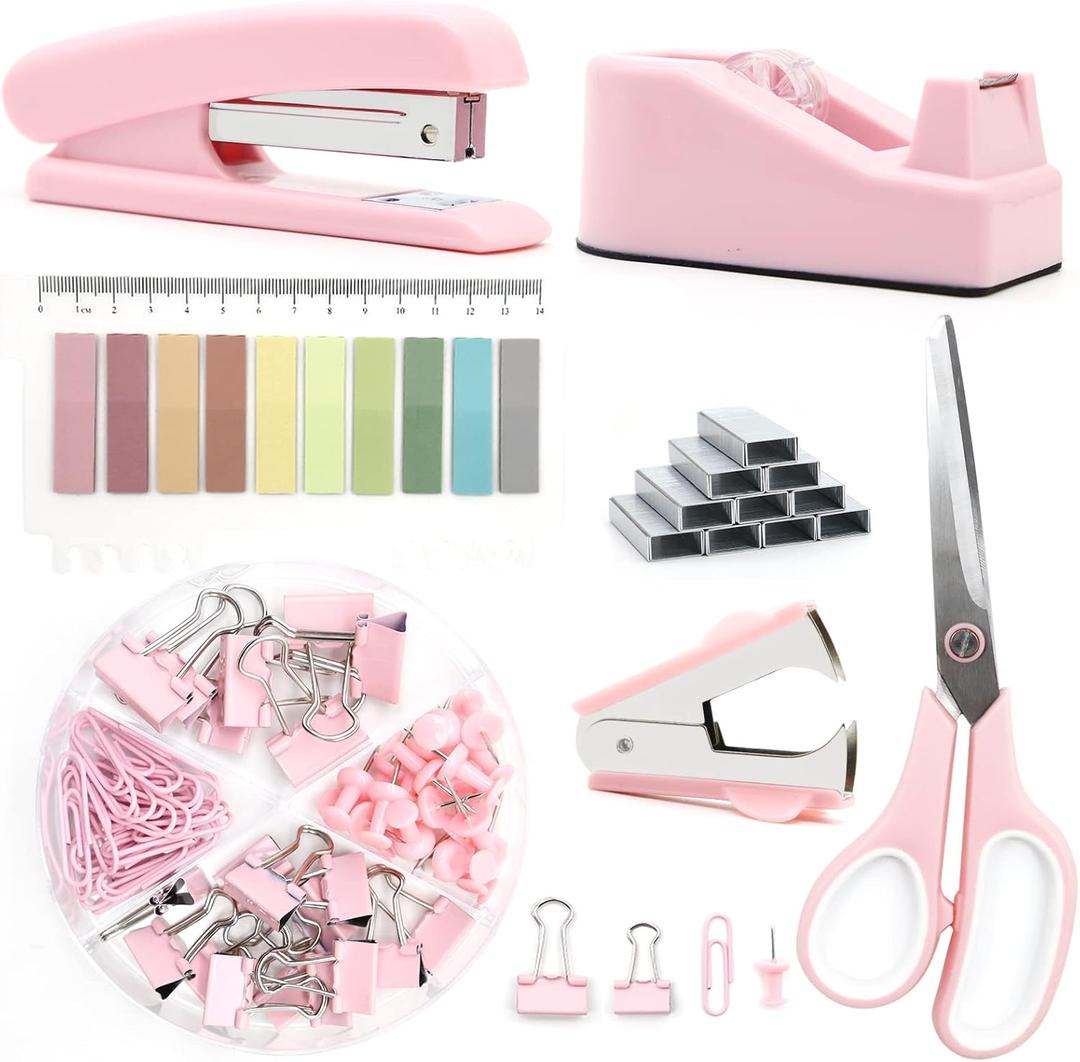 Pink Office Supplies, UPIHO Pink Desk Accessories, Stapler and Tape Dispenser Set for Women with Stapler, Tape Dispenser, Staple Remover, Staples, Clips, Scissor and Tabs,Gift for Students, Coworkers