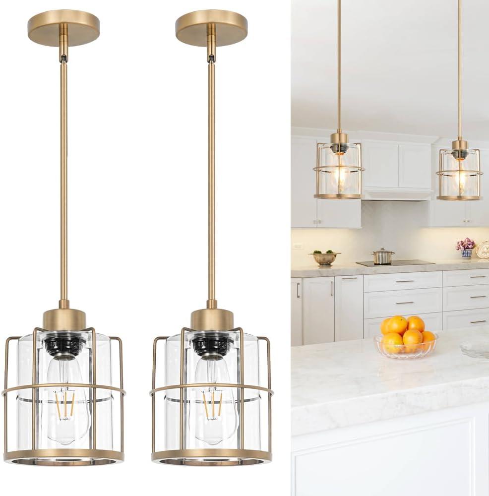 Modern Brass Pendant Light Kitchen Island Set of 2, Farmhouse Gold Pendant Light with Clear Cylinder Glass, Adjustable Rod Bathroom Pandand Light over Sink, Small Hanging Lighting for Home Decor, E26 (5.9in-Hardwired Rod)