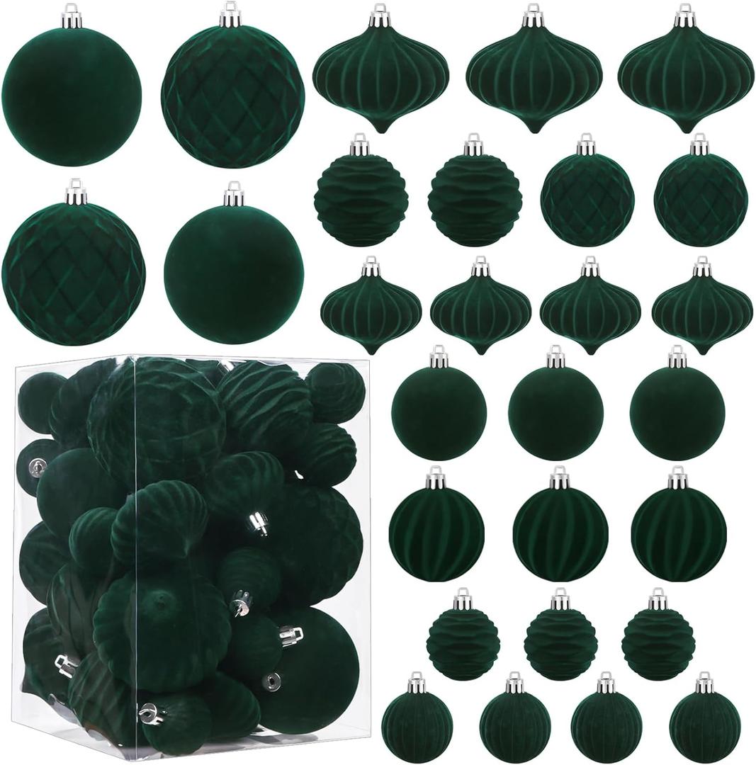 28PCS Velvet Christmas Balls Ornaments, Flocked Shatterproof Dark Green Xmas Tree Hanging Decoration Plastic Ball Set Bulk Ornament for Winter Trees Holiday Party Home Wreath Decor
