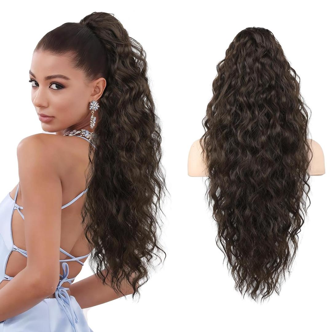 SEIKEA Ponytail Extension, 26" Lightweight Extra Fluffy Claw Clip Hair Extensions Long Wavy Curly Multi-layered Clip in Fake Pony Tails Natural Soft Synthetic Hairpiece Black Brown