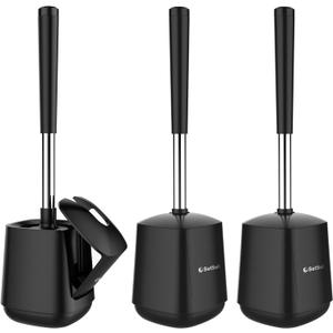 SetSail Toilet Brush and Holder 3 Pack, Self Closing Lid Toilet Bowl Brushes Holder Extra Long Handle Ventilated Toilet Brush Set for Bathroom Cleaning, Nylon Bristles, Black