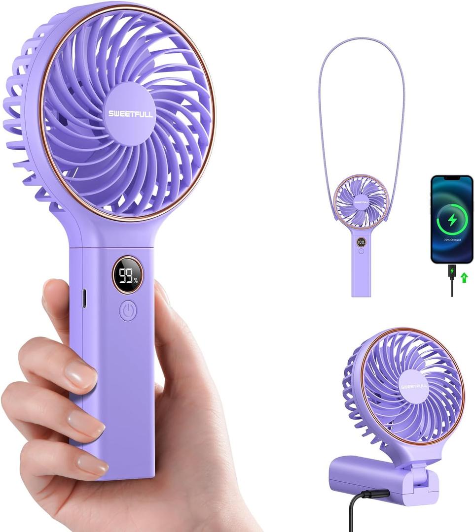 SWEETFULL Handheld Fan, Portable Fan, 5000mAh Rechargeable Battery, 6 Speed Wind, LED Display, Personal Mini Travel Fan with Backup Power, Hand Held Fan USB Foldable Electric Fan for Women Girl (Purple)