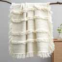 Ultra Soft Pre-Washed Warm Quilted Throw Blanket, Ruffle Fringed Cream Boho Decorative Throw, Stone Washed Chic Rustic Blanket for Sofa Couch Bed Chair, 50"x 60"